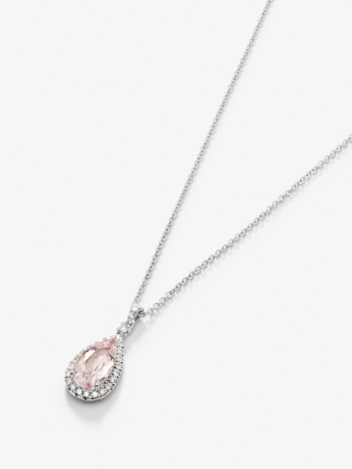 Colgante de oro blanco de 18K con morganita rosa en talla pera de 1,44 y 29 diamantes en talla brillante con un total de 0,19 cts