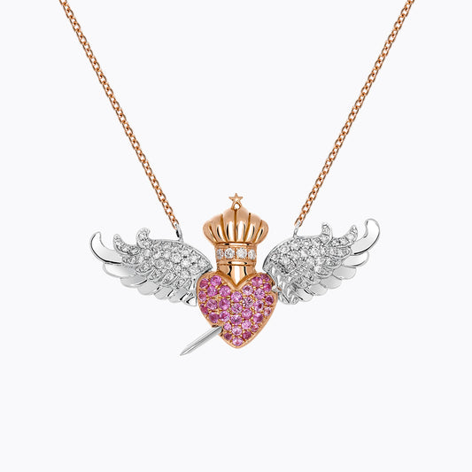 Colgante cadena de oro blanco y rosa de 18K con 60 diamantes en talla brillante con un total de  0,33 cts y 25 zafiros rosas en talla brillante con un total de 0,29 cts