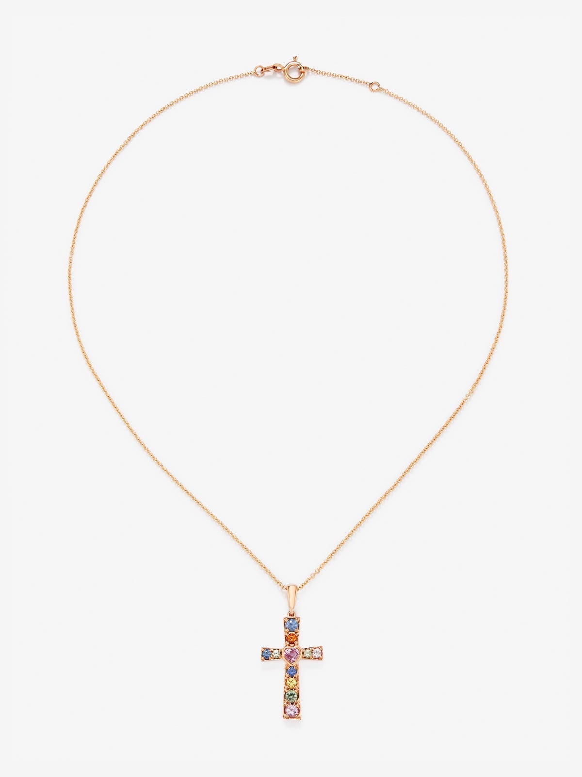 Colgante cadena cruz de oro rosa de 18K con zafiro