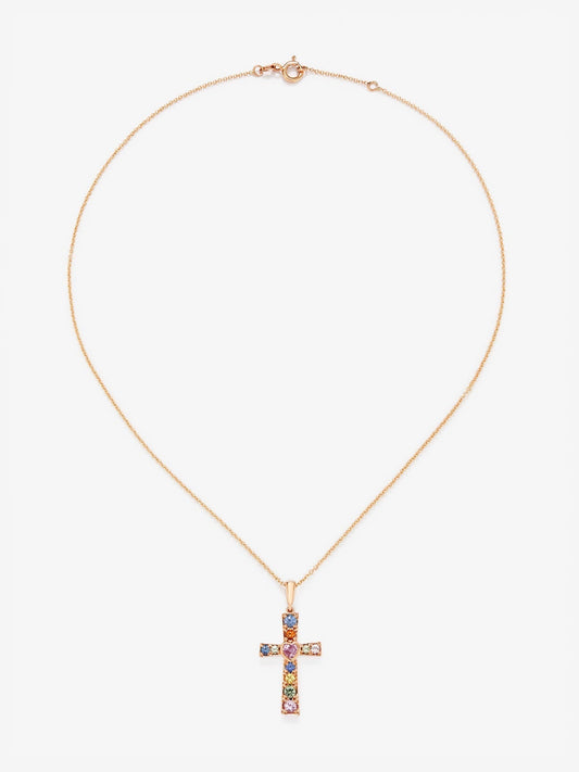 Colgante cadena cruz de oro rosa de 18K con zafiro