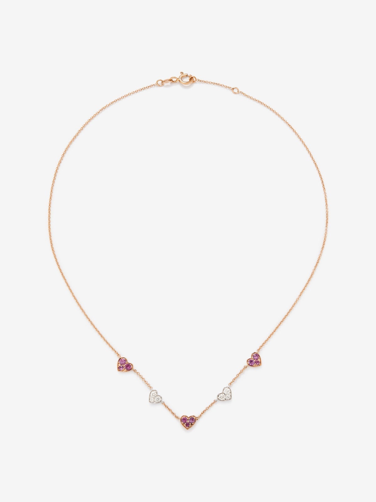 Collar corazones de oro rosa y oro blanco de 18kt con zafiros rosas y diamantes