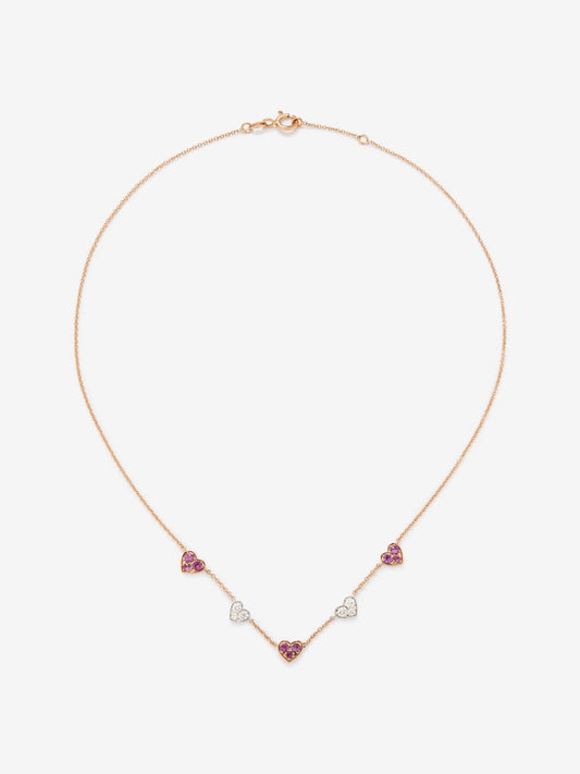 Collar corazones de oro rosa y oro blanco de 18kt con zafiros rosas y diamantes