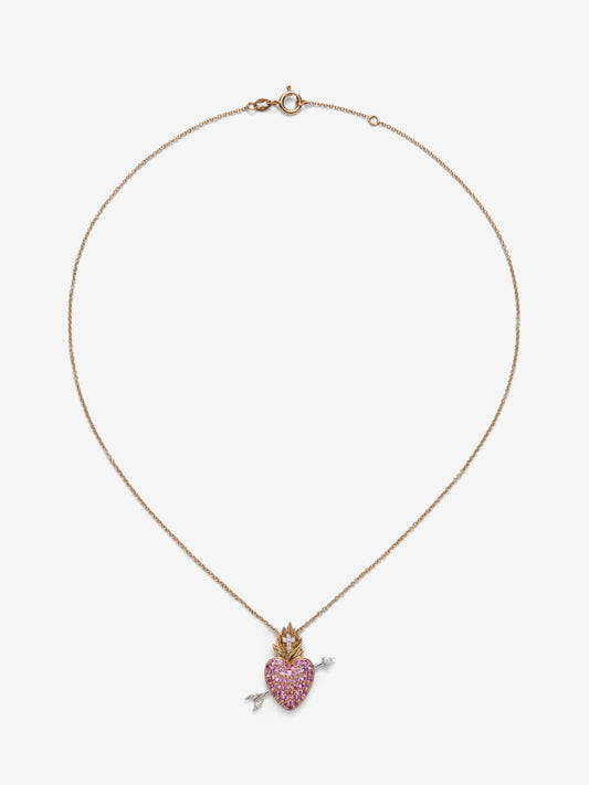 Colgante cadena corazón de oro blanco y rosa de 18K con 9 diamates en talla brillante con un total de 0,04 y 41 zafiros rosas en talla brillante con un total de 0,8 cts