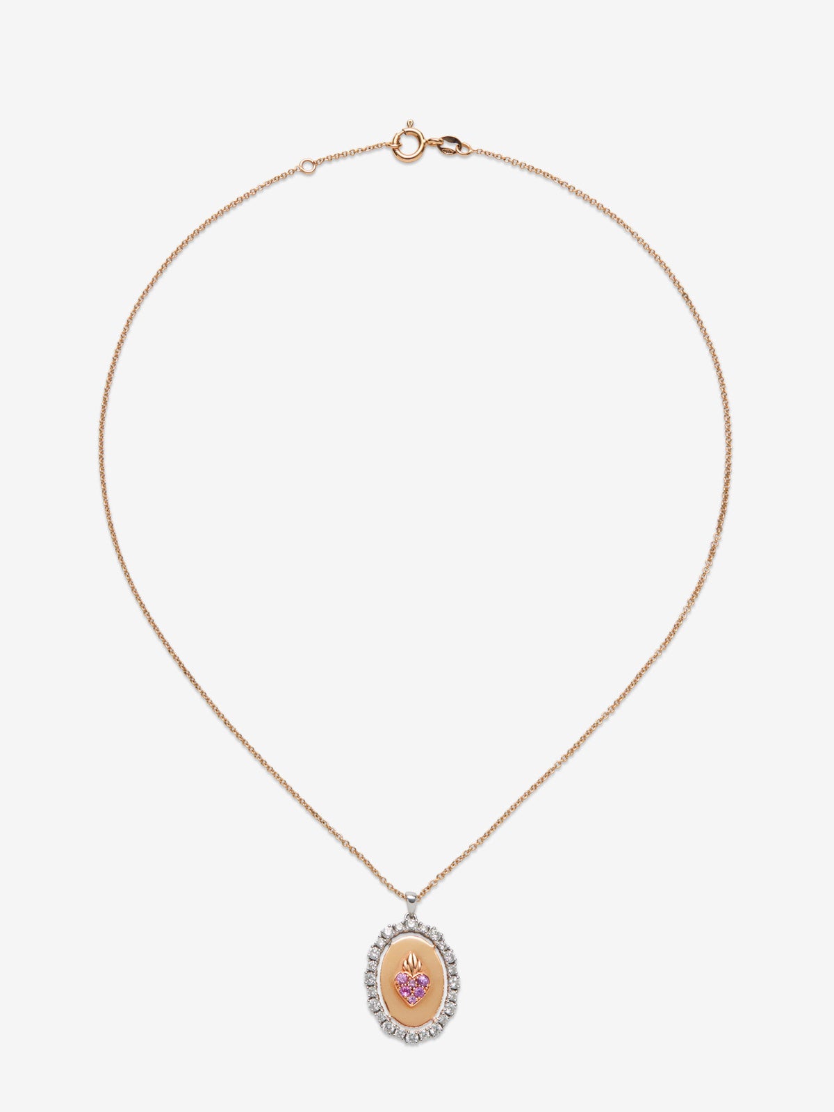 Colgante cadena de oro blanco y rosa de 18K con 24 diamantes en talla brillante con un total de 0,7 cts y 6 zafiros rosas en talla brillante con un total de 0,19 cts