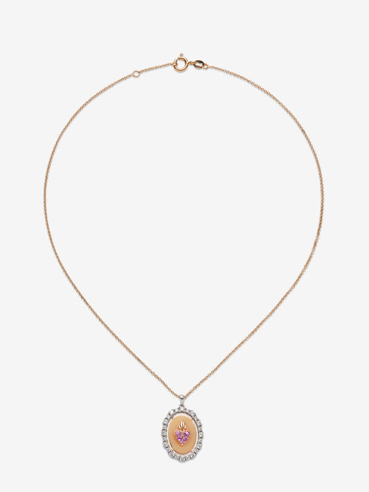 Colgante cadena de oro blanco y rosa de 18K con 24 diamantes en talla brillante con un total de 0,7 cts y 6 zafiros rosas en talla brillante con un total de 0,19 cts