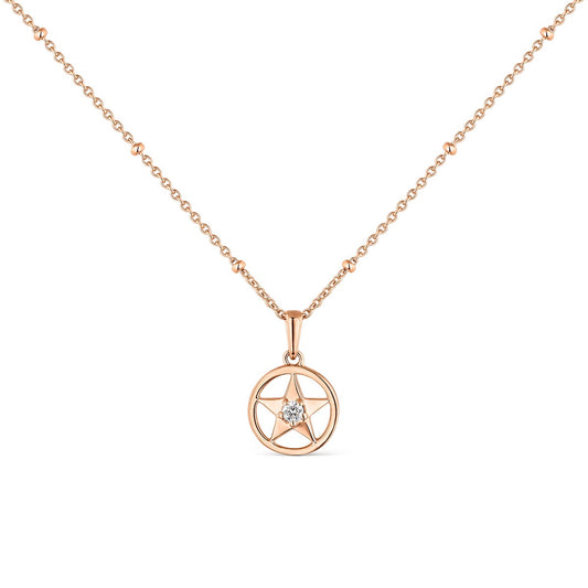 Colgante cadena estrella de oro rosa de 18K con diamante en talla brillante de 0,04 cts