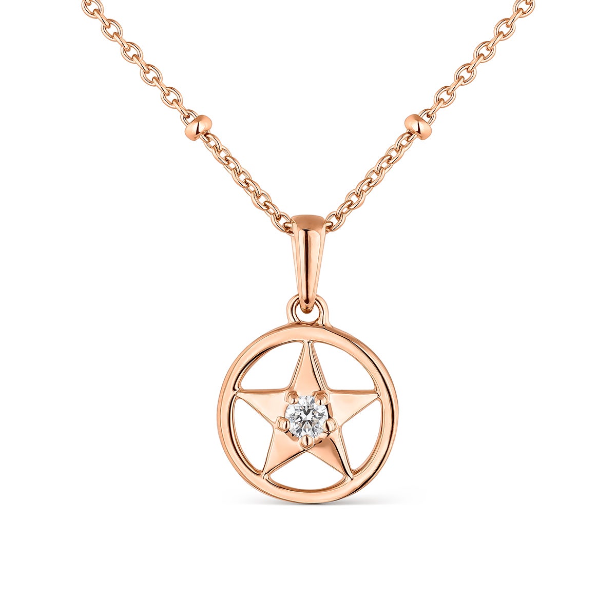 Colgante cadena estrella de oro rosa de 18K con diamante en talla brillante de 0,04 cts