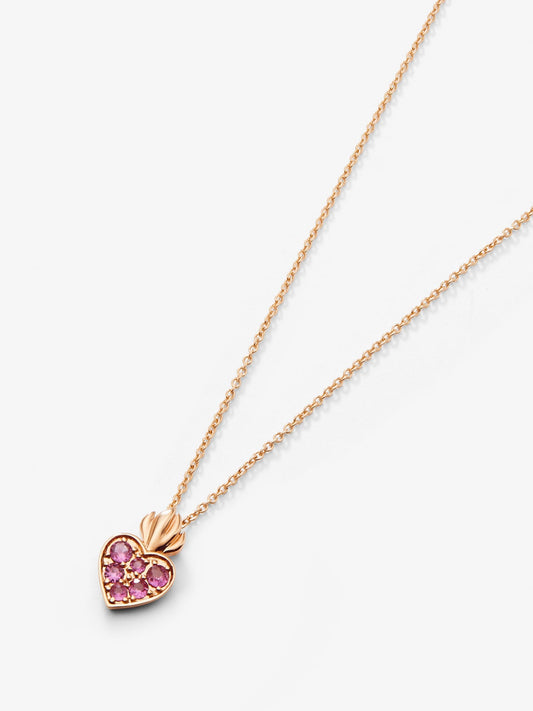 Colgante cadena corazón de oro rosa de 18K con zafiros rosas en talla brillante con un total de 0,21 cts