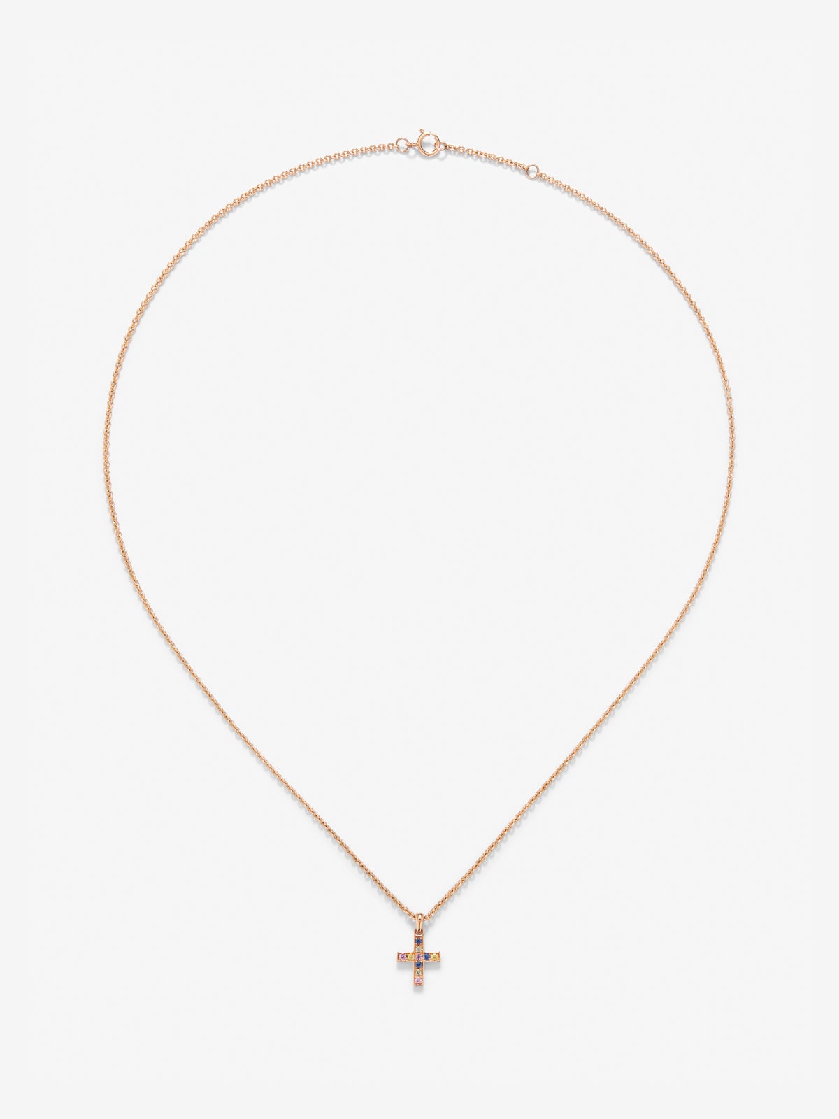 Colgante de oro rosa de 18K con zafiros multicolor con forma de cruz
