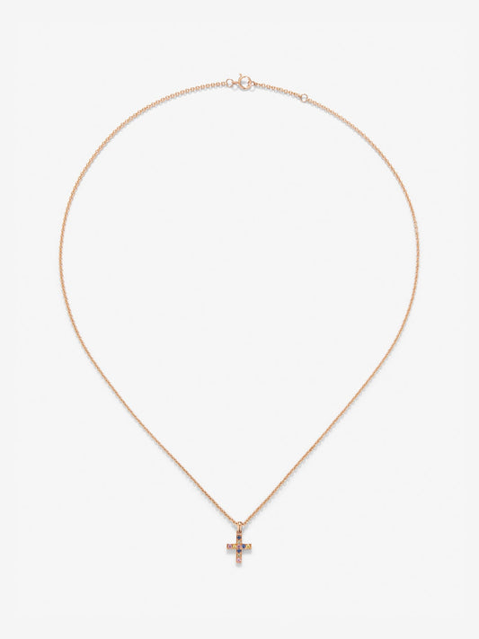 Colgante de oro rosa de 18K con zafiros multicolor con forma de cruz