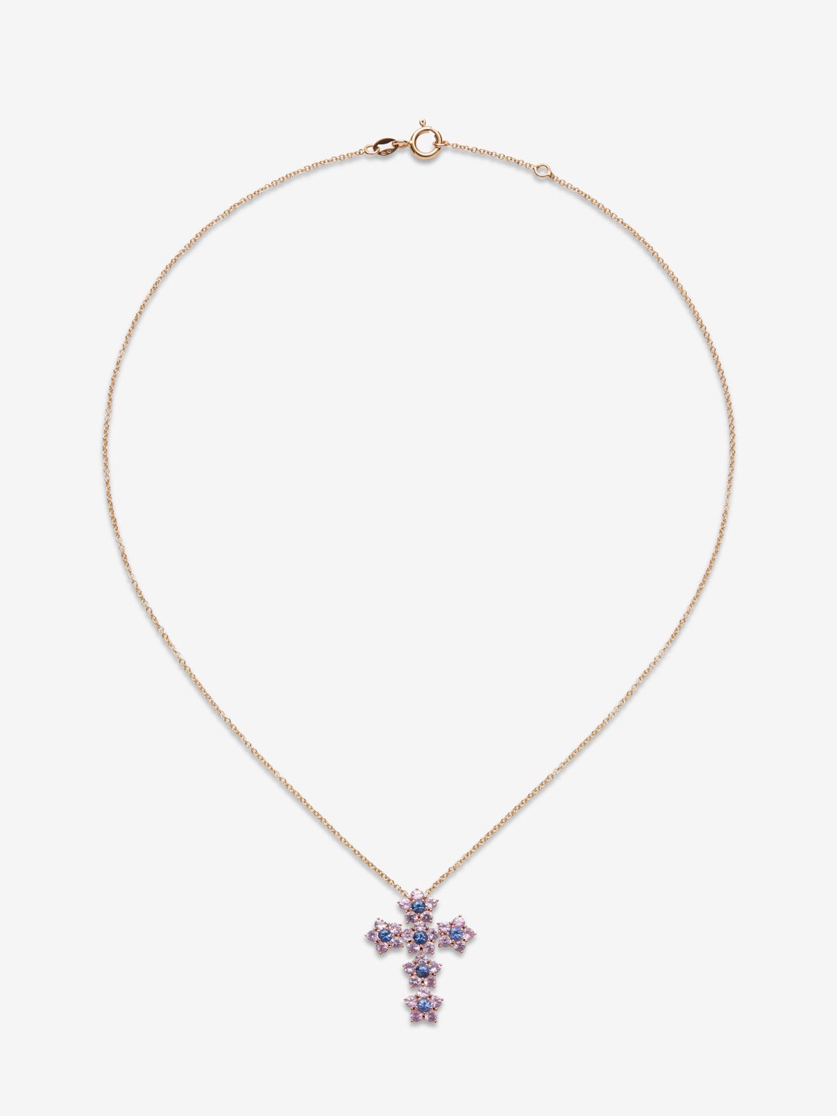 Colgante cruz de oro rosa de 18K con 30 zafiros rosas en talla brillante con un total de 1,88 cts y 6 zafiros azules en talla brillante con un total de 0,57 cts