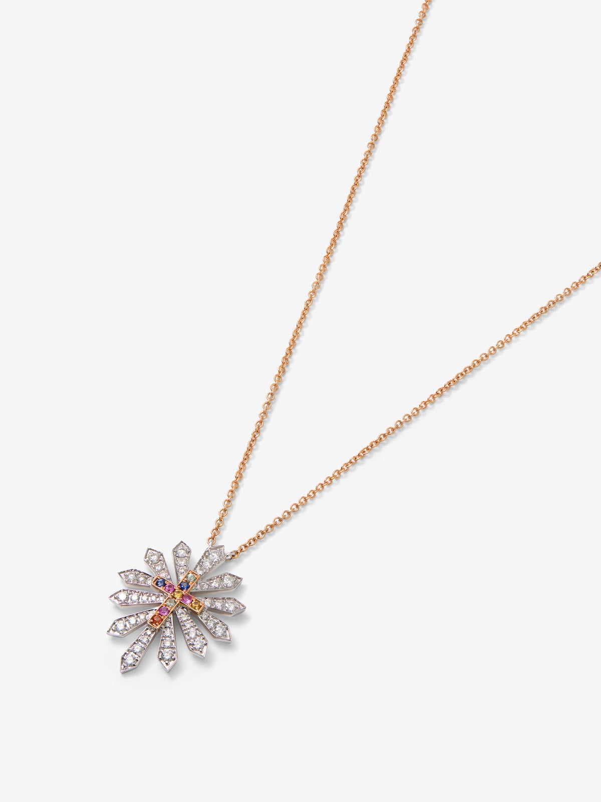Colgante de oro blanco y rosa de 18K con 10 zafiros multicolor en talla brillante con un total de 0,14 cts y 45 diamantes en talla brillante con un total de 0,56 cts