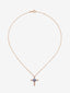Colgante cadena cruz de oro rosa de 18K con 15 diamantes en talla brillante con un total de 0,27 cts, 5 zafiros azules en talla brillante con un total de 0,36 cts y zafiro rosa en talla brillante de 0,11 cts