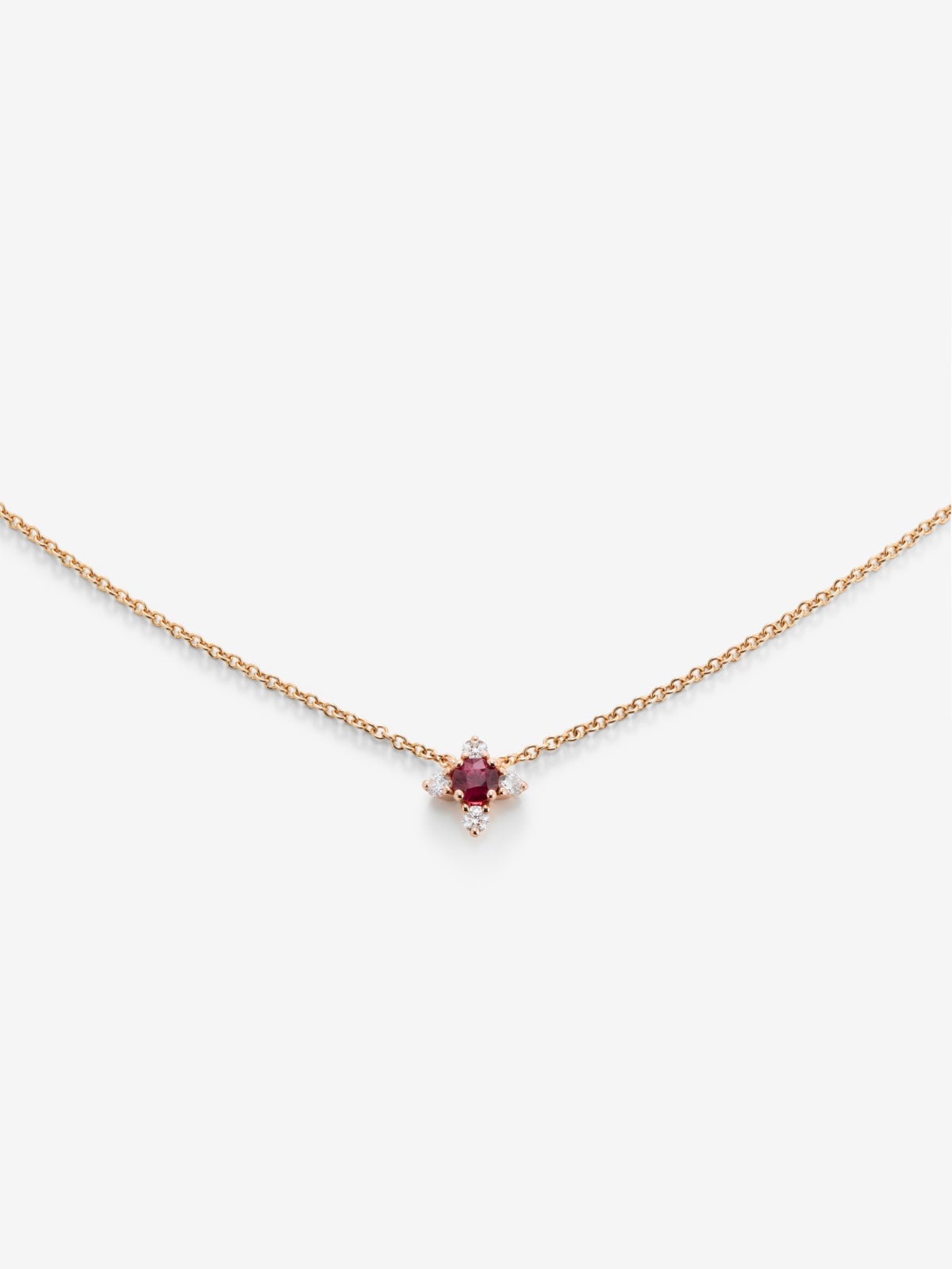 Colgante cadena flor de oro rosa de 18K con rubí y diamantes