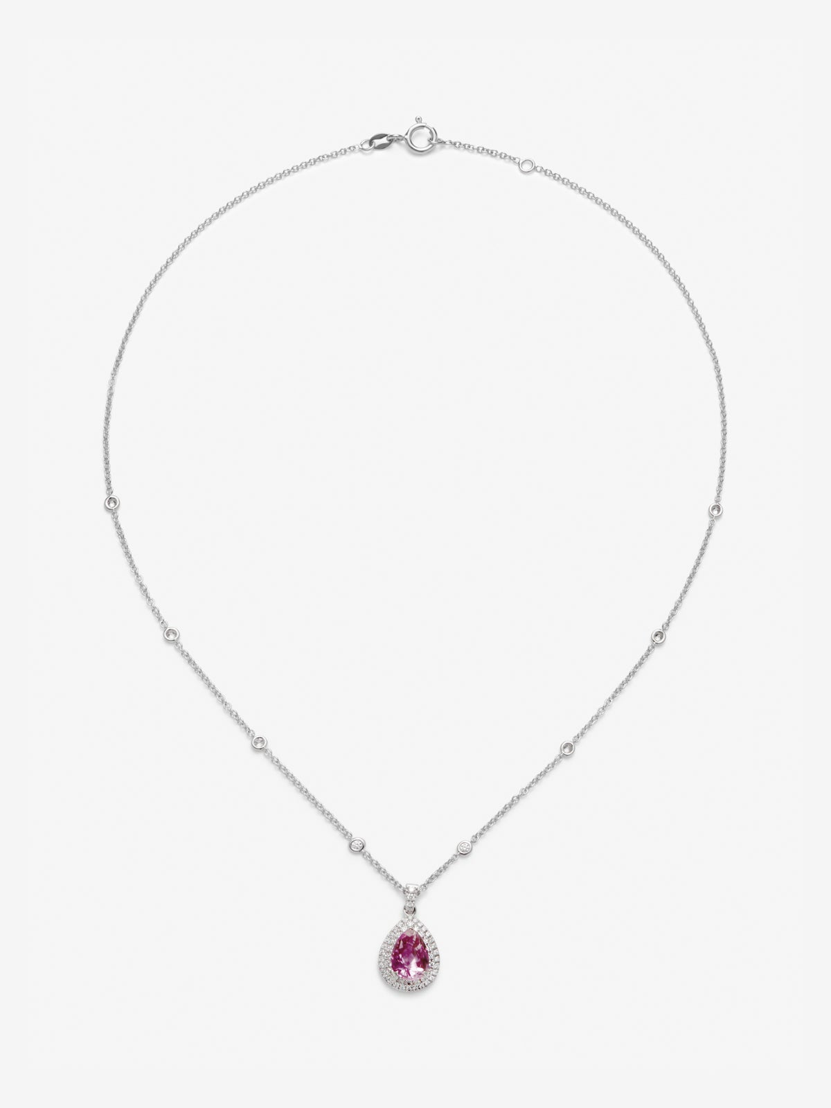 Colgante de oro blanco de 18K con un zafiro rosa cornflower en talla pera