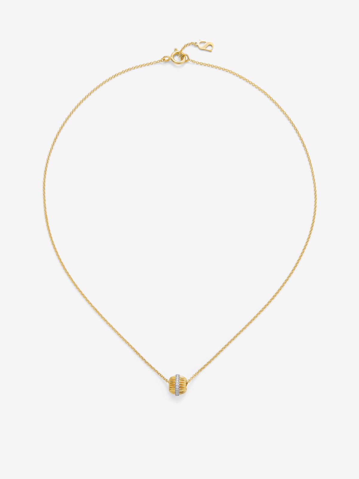 Colgante gallonado de oro blanco y amarillo de 18K con pavé de diamantes en talla brillante con un total de 0,115 cts