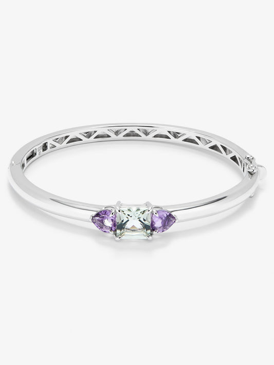 Pulsera de plata 925 con amatista verde en talla princesa de 2,19 cts y amatistas moradas en talla corazón de 1,6 cts