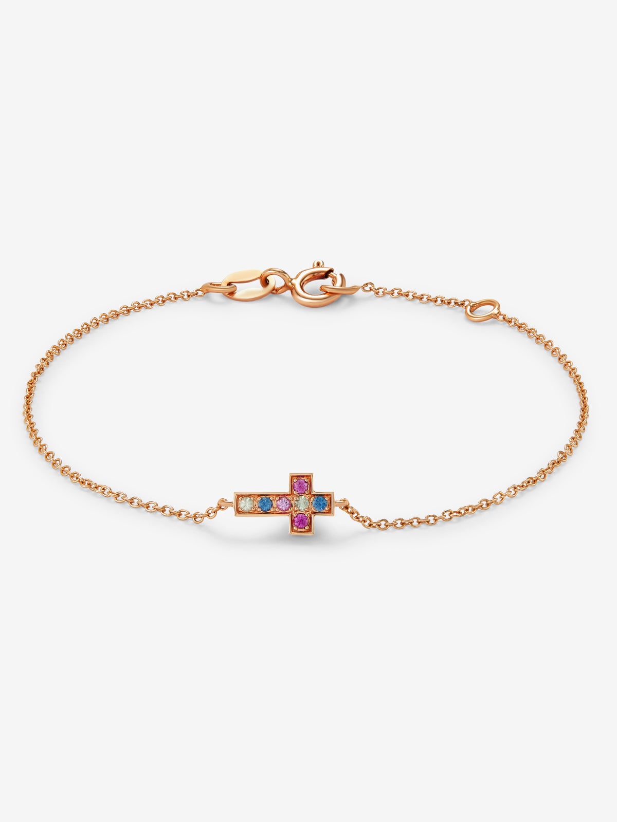 Pulsera cadena cruz de oro rosa de 18K con 7 zafiros multicolor con un total de 0,08 cts