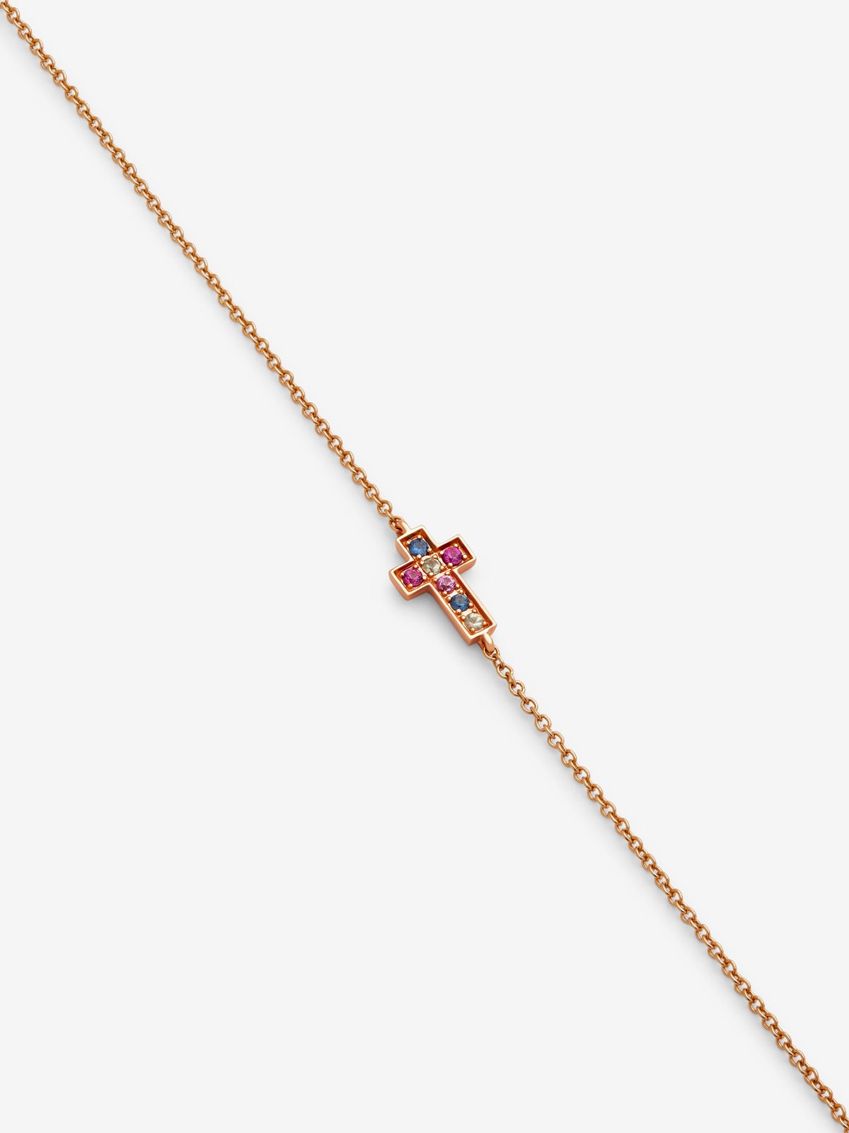 Pulsera cadena cruz de oro rosa de 18K con 7 zafiros multicolor con un total de 0,08 cts