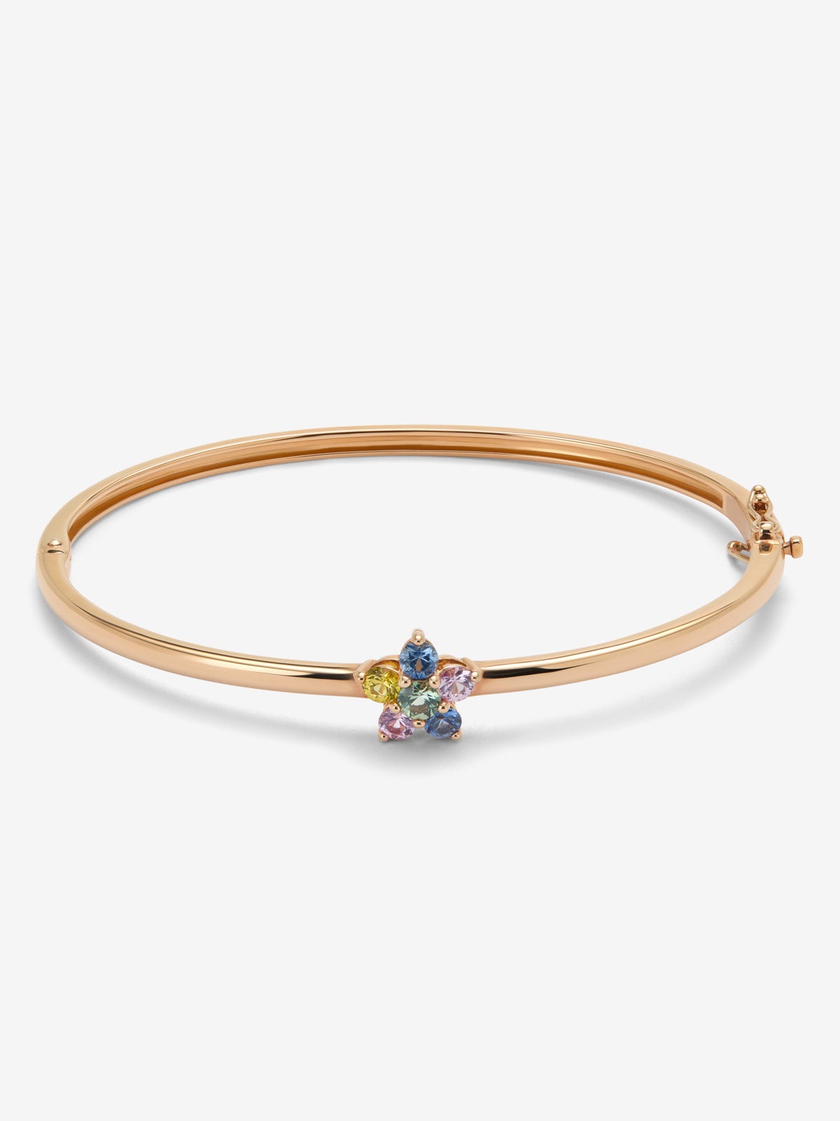 Pulsera rígida de oro rosa de 18K con zafiros verdes, azules, rosas y amarillos en talla brillante con un total de 0,9 cts