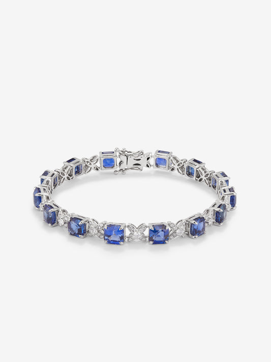 Pulsera de oro blanco de 18K con zafiros azules en talla octogonal de 16,86 cts y diamantes blancos en talla brillante de 1,32 cts