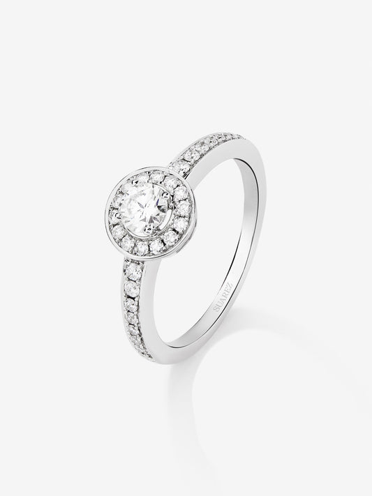 18K white gold solitaire engagement ring with diamond border