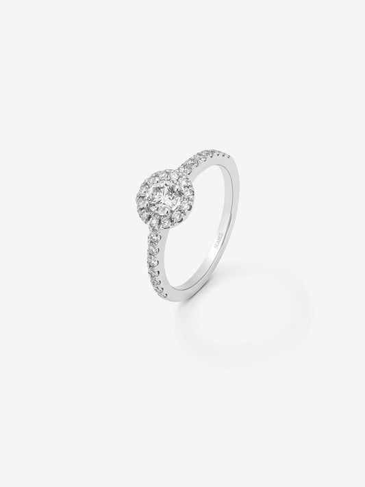 Anillo de oro blanco de 18K con diamante central en talla brillante de 0,20 cts y orla y brazo con 26 diamantes en talla brillante con un total de 0,35 cts