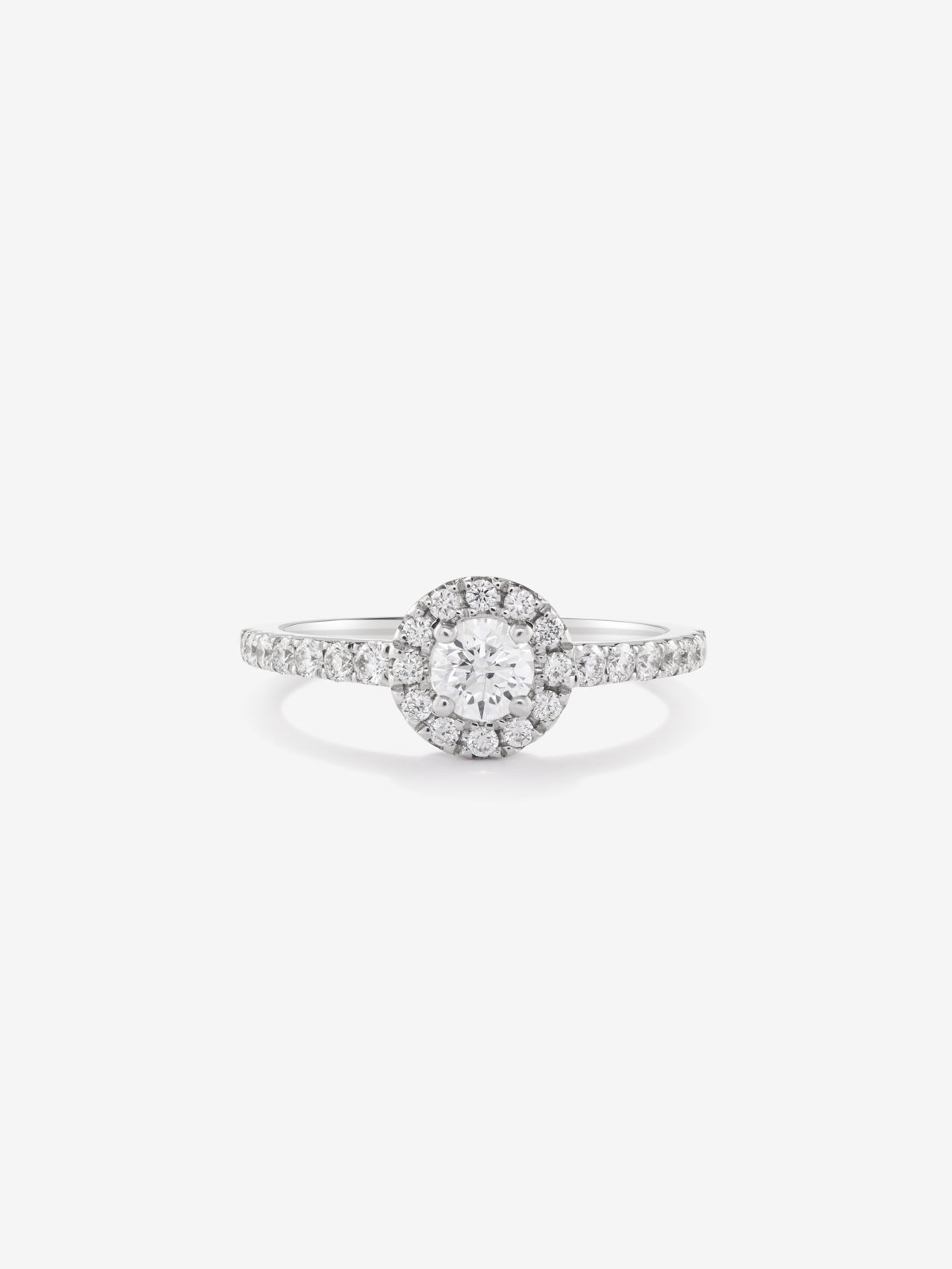 18K white gold ring with a 0.25 ct brilliant-cut central diamond and a border and arm with 26 brilliant-cut diamonds totaling 0.35 ct.