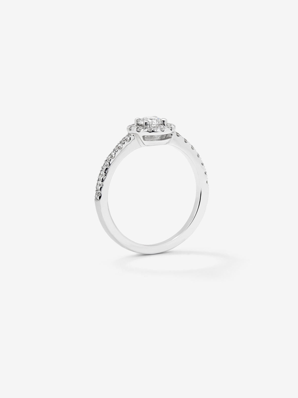 18K white gold ring with a 0.25 ct brilliant-cut central diamond and a border and arm with 26 brilliant-cut diamonds totaling 0.35 ct.