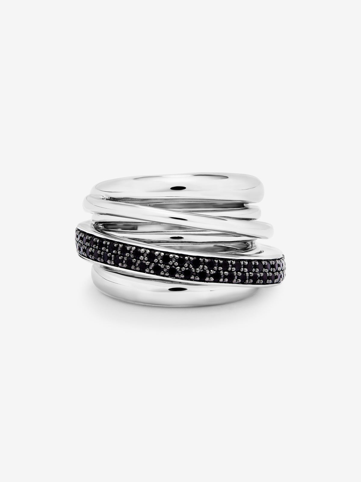 Anillo multibrazo de plata con 57 espinelas negras en talla brillante con un total de 0,71 cts
