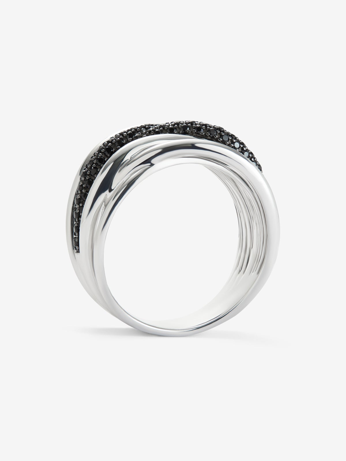 Anillo multibrazo cruzado de plata 925 con 97 espinelas negras en talla brillante