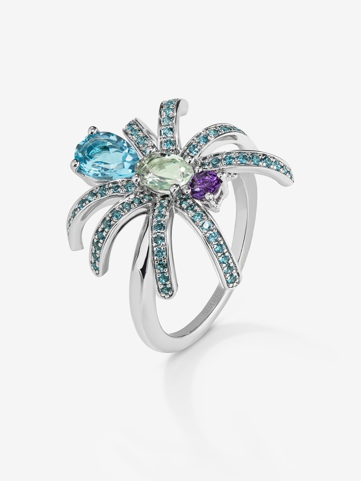 Anillo araña de plata con topacios y amatistas