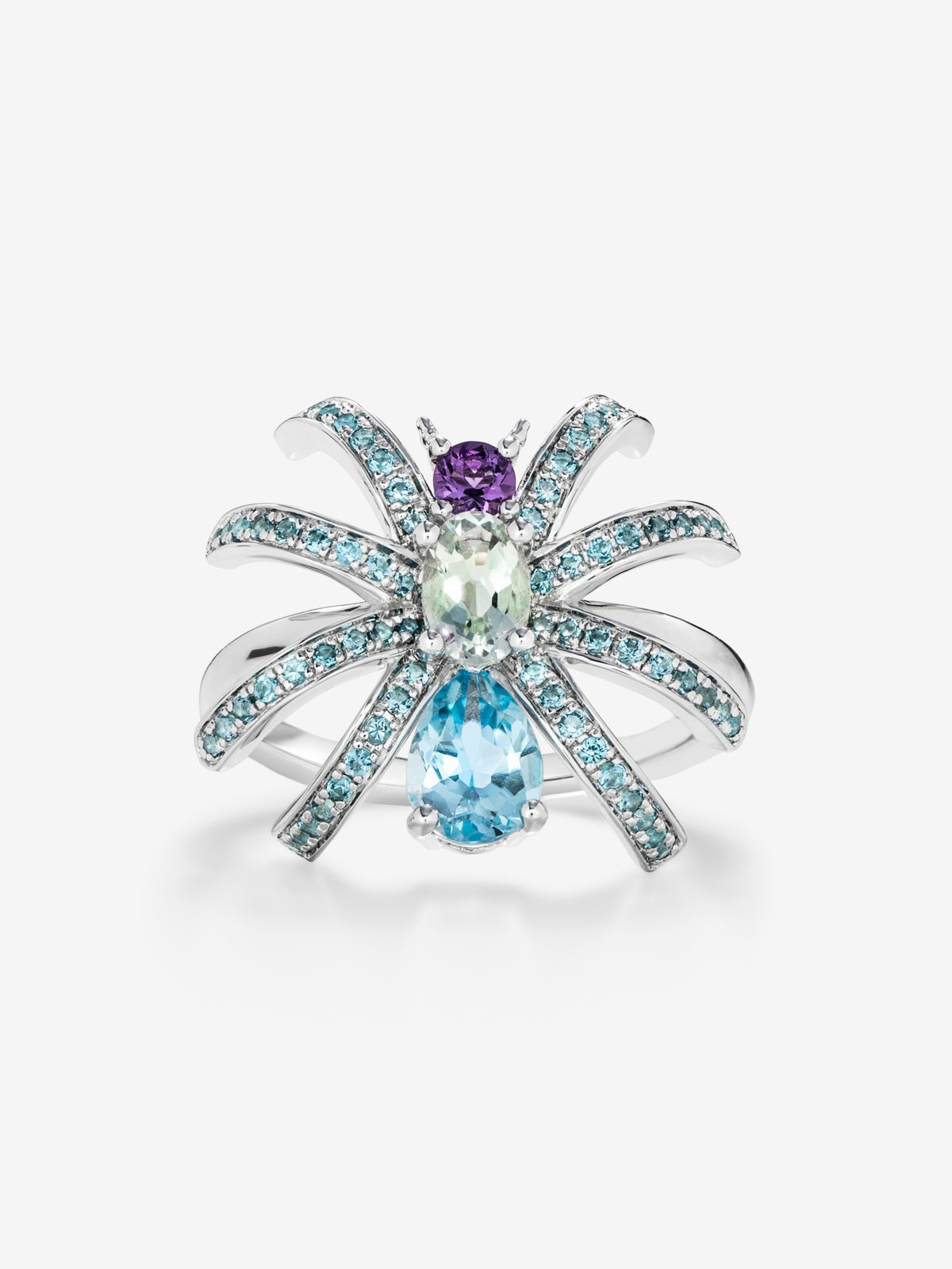 Anillo araña de plata con topacios y amatistas