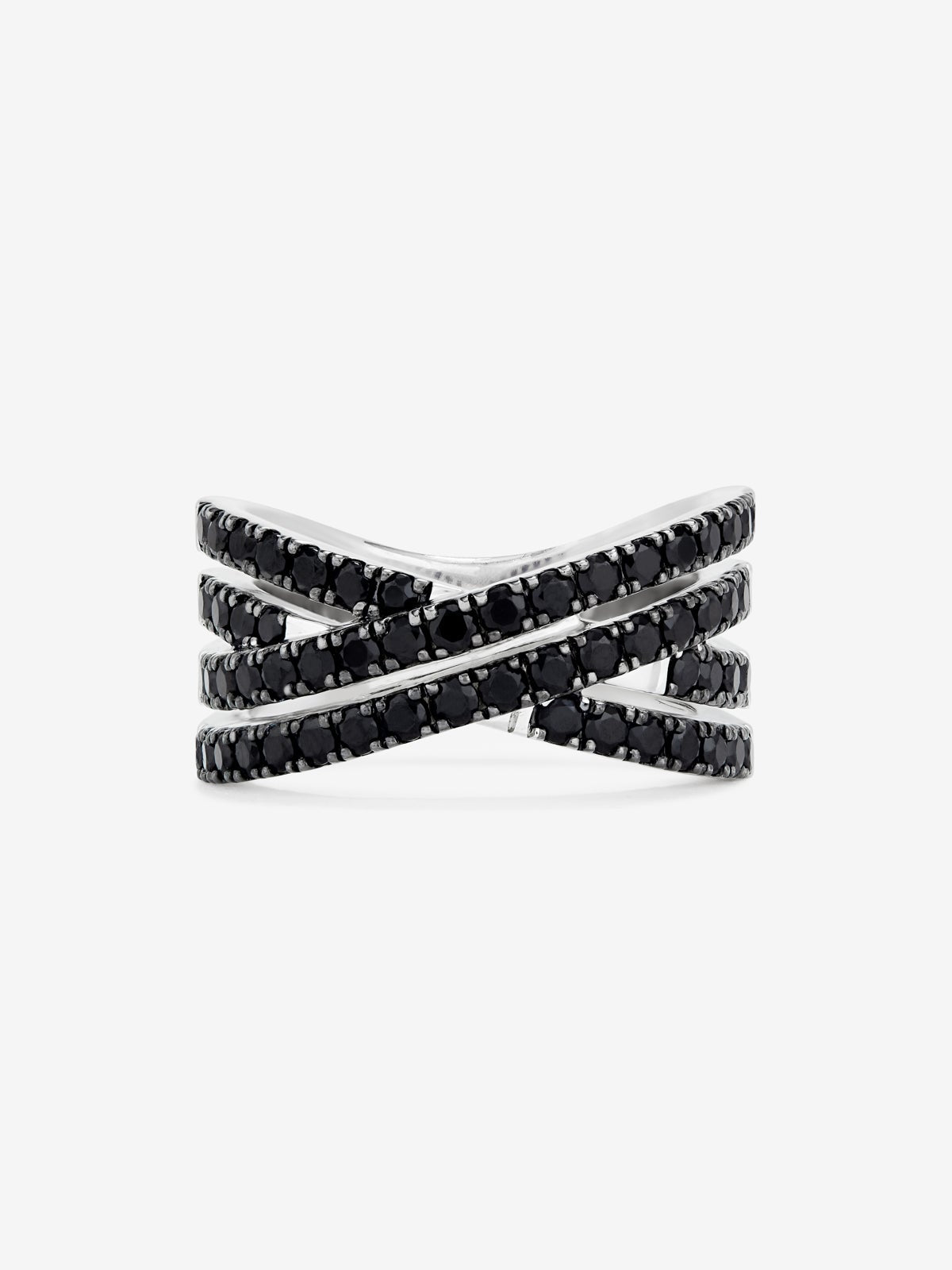 Anillo cruzado de plata 925 con espinelas negras en talla brillante