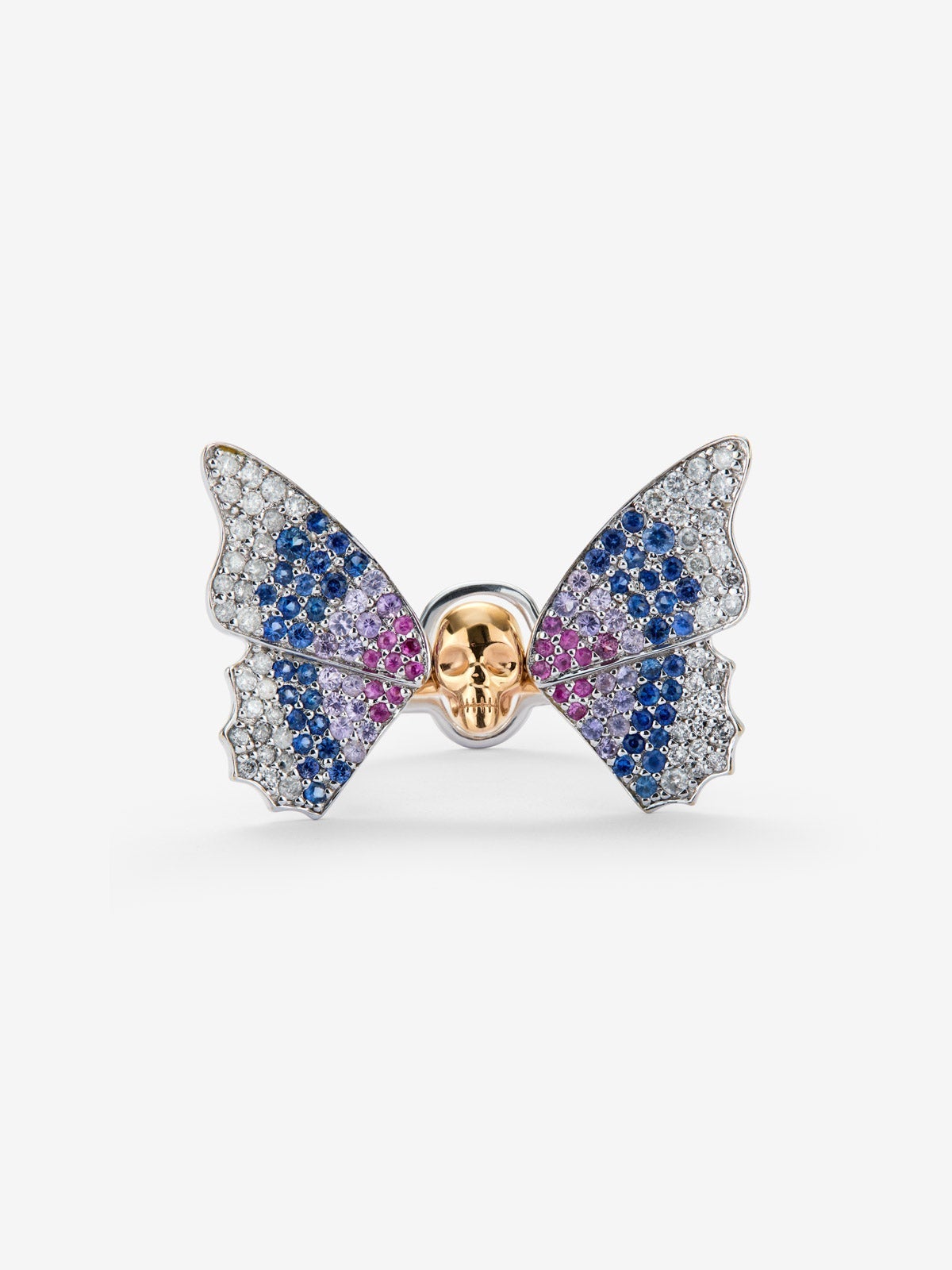 Anillo mariposa de oro blanco y rosa de 18K con pavé de diamantes grises y zafiros multicolor en talla brillante con un total de 1,15 cts