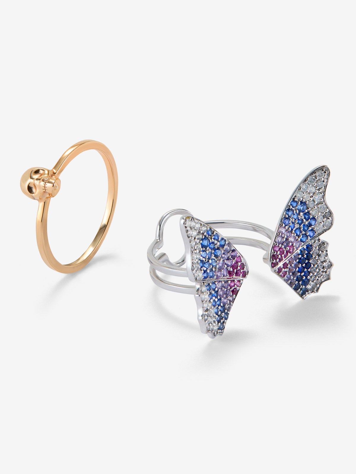 Anillo mariposa de oro blanco y rosa de 18K con pavé de diamantes grises y zafiros multicolor en talla brillante con un total de 1,15 cts