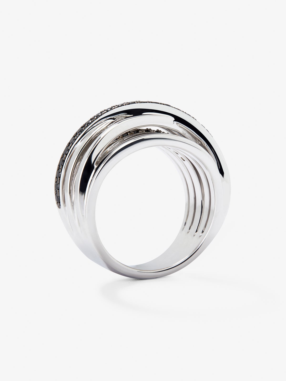Anillo multibrazo cruzado de plata 925 con 36 espinelas negras en talla brillante