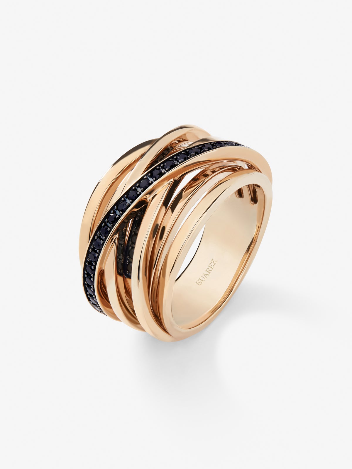 Anillo multibrazo de oro rosa de 18K con 36 espinelas negras en talla brillante con un total de 0,47 cts