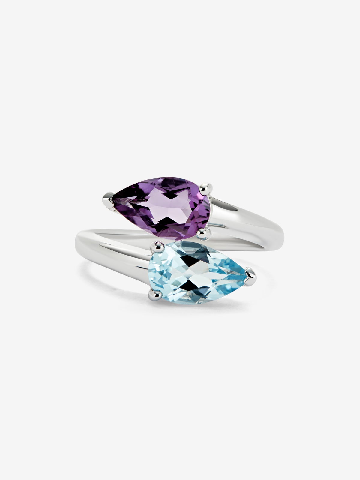 Anillo tú y yo de plata con piedras amatista morada y topacio azul Sky