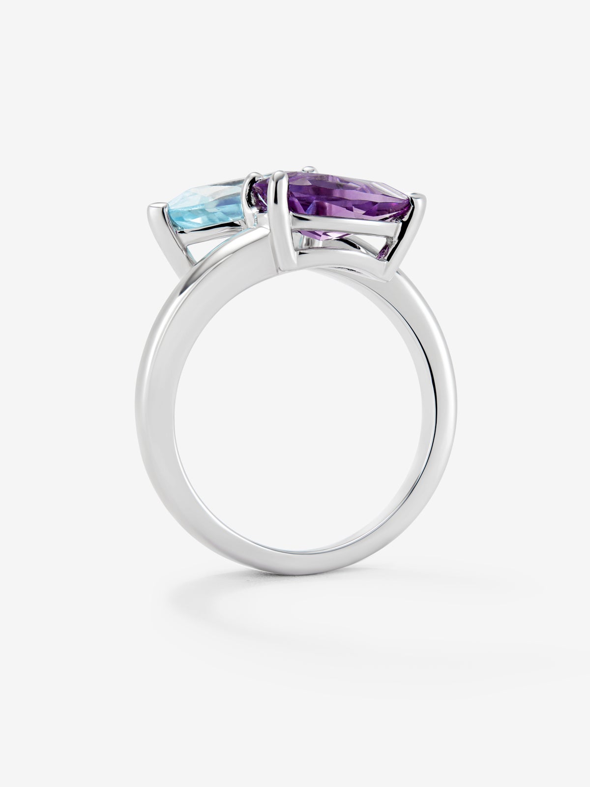 Anillo tú y yo de plata con piedras amatista morada y topacio azul Sky