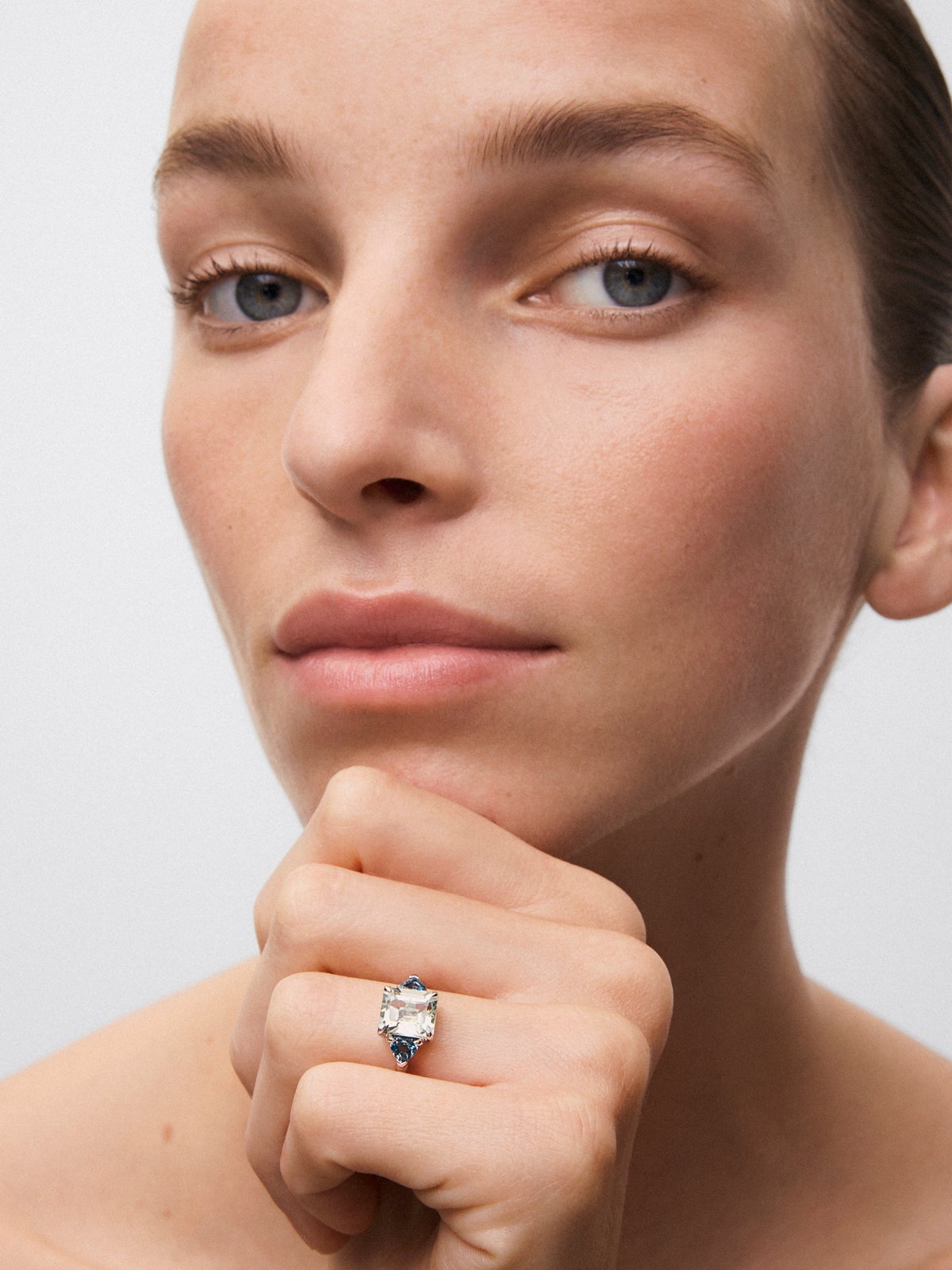 925 silver triple ring with green amethyst and london blue topaz