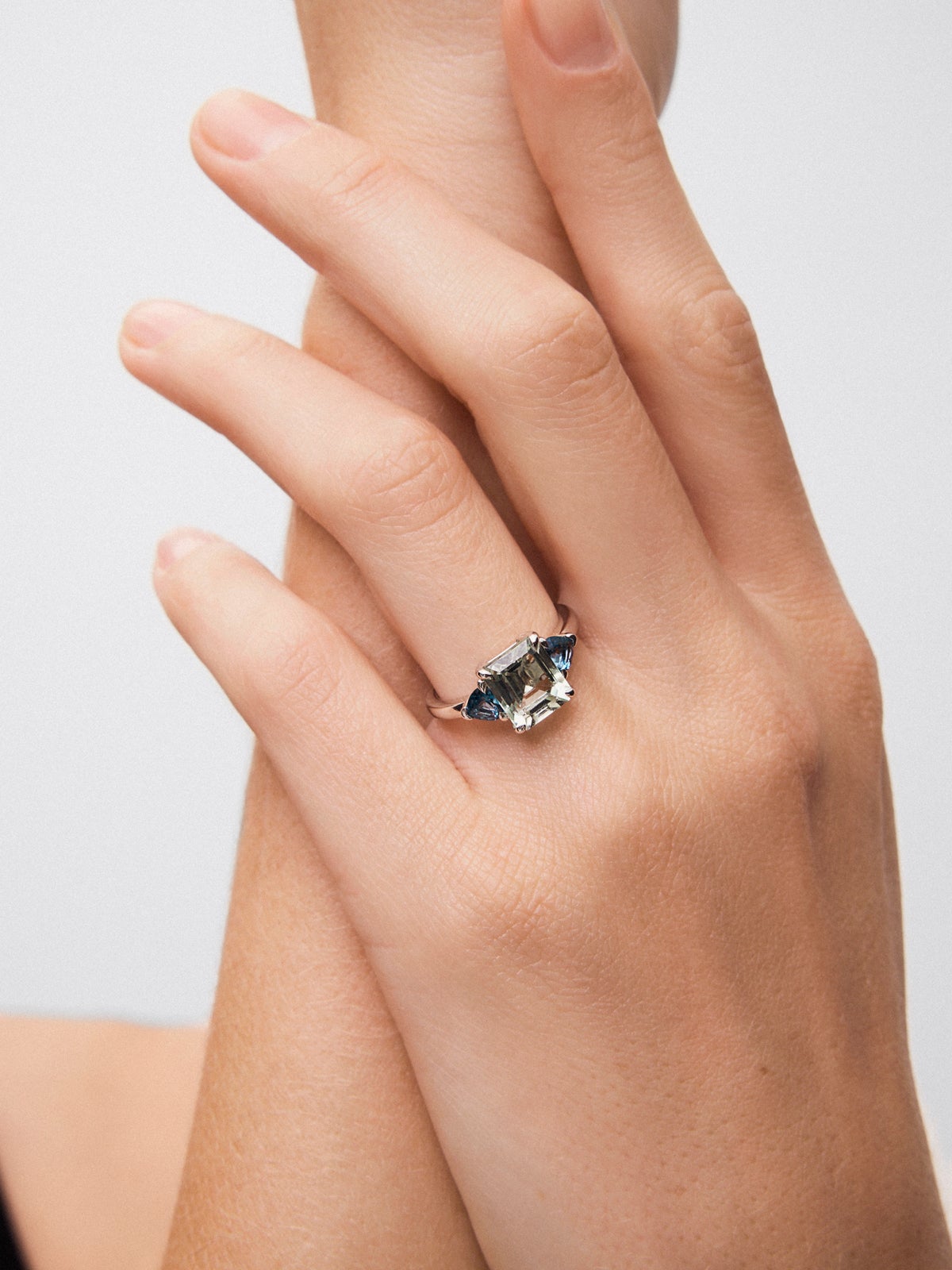 925 silver triple ring with green amethyst and london blue topaz