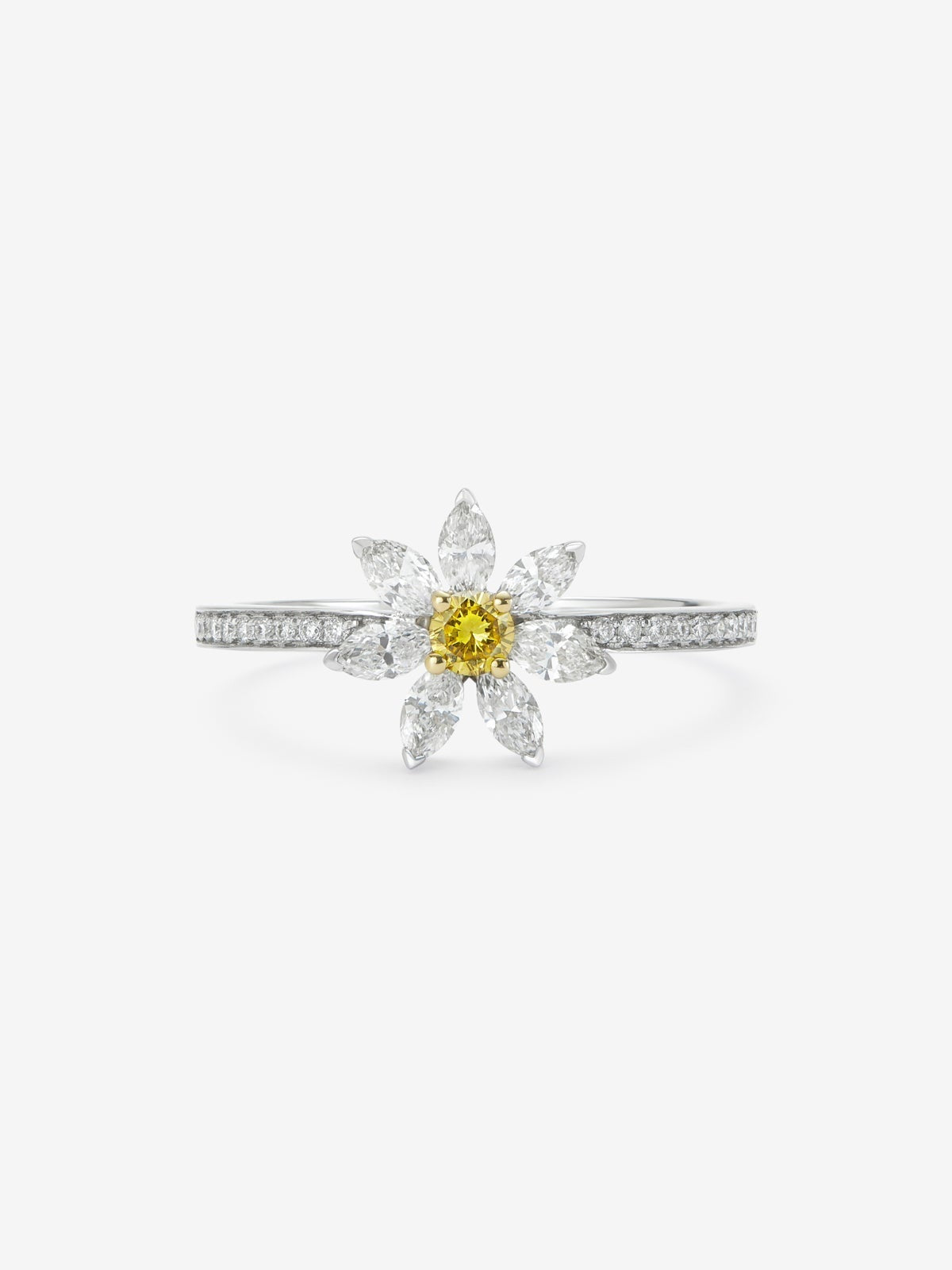 Anillo de oro blanco de 18K con un diamante amarillo en talla brillante de 0,09 cts, 7 diamantes en talla marquise con un total de 0,43 cts y 20 en talla brillante con un total de 0,07 cts