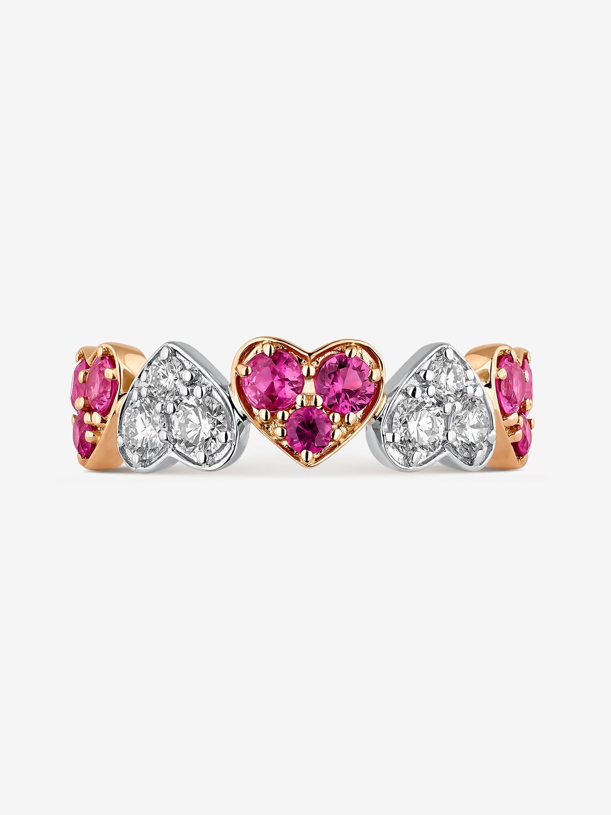 Anillo corazones de oro rosa y oro blanco de 18kt con zafiros rosas y diamantes
