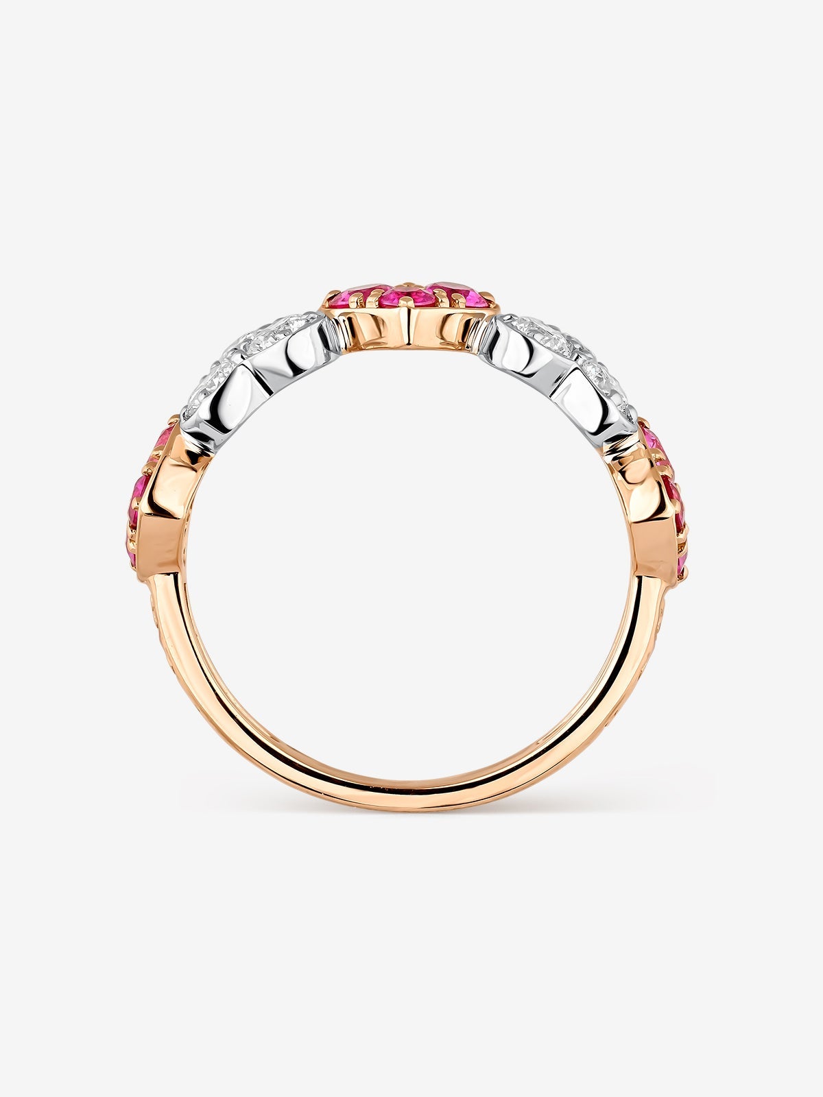Anillo corazones de oro rosa y oro blanco de 18kt con zafiros rosas y diamantes
