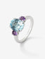 Anillo de plata 925 con topacio azul sky en talla oval y dos amatistas moradas en talla brillante