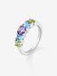 Anillo cinquillo de plata 925 con 2 peridotos, una amatista morada, y topacios azul swiss en talla brillante