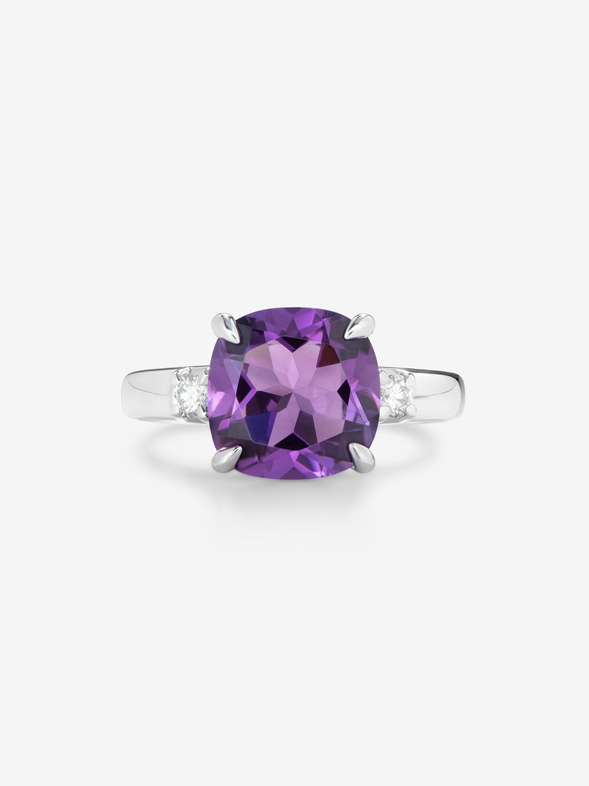 Anillo tresillo de plata 925 con amatista y diamantes