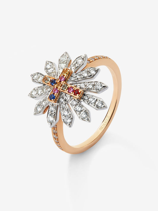 Anillo de oro blanco y rosa de 18K con 10 zafiros multicolor en talla brillante con un total de 0,41 cts y 48 diamantes en talla brillante con un total de 0,09 cts