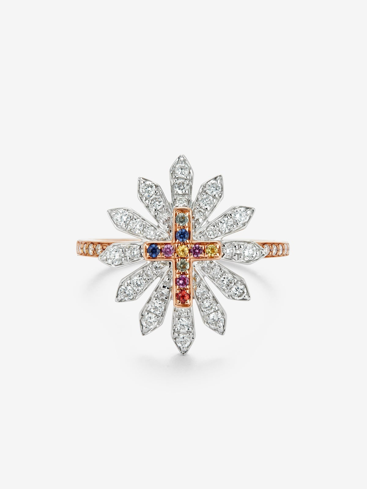 Anillo de oro blanco y rosa de 18K con 10 zafiros multicolor en talla brillante con un total de 0,41 cts y 48 diamantes en talla brillante con un total de 0,09 cts